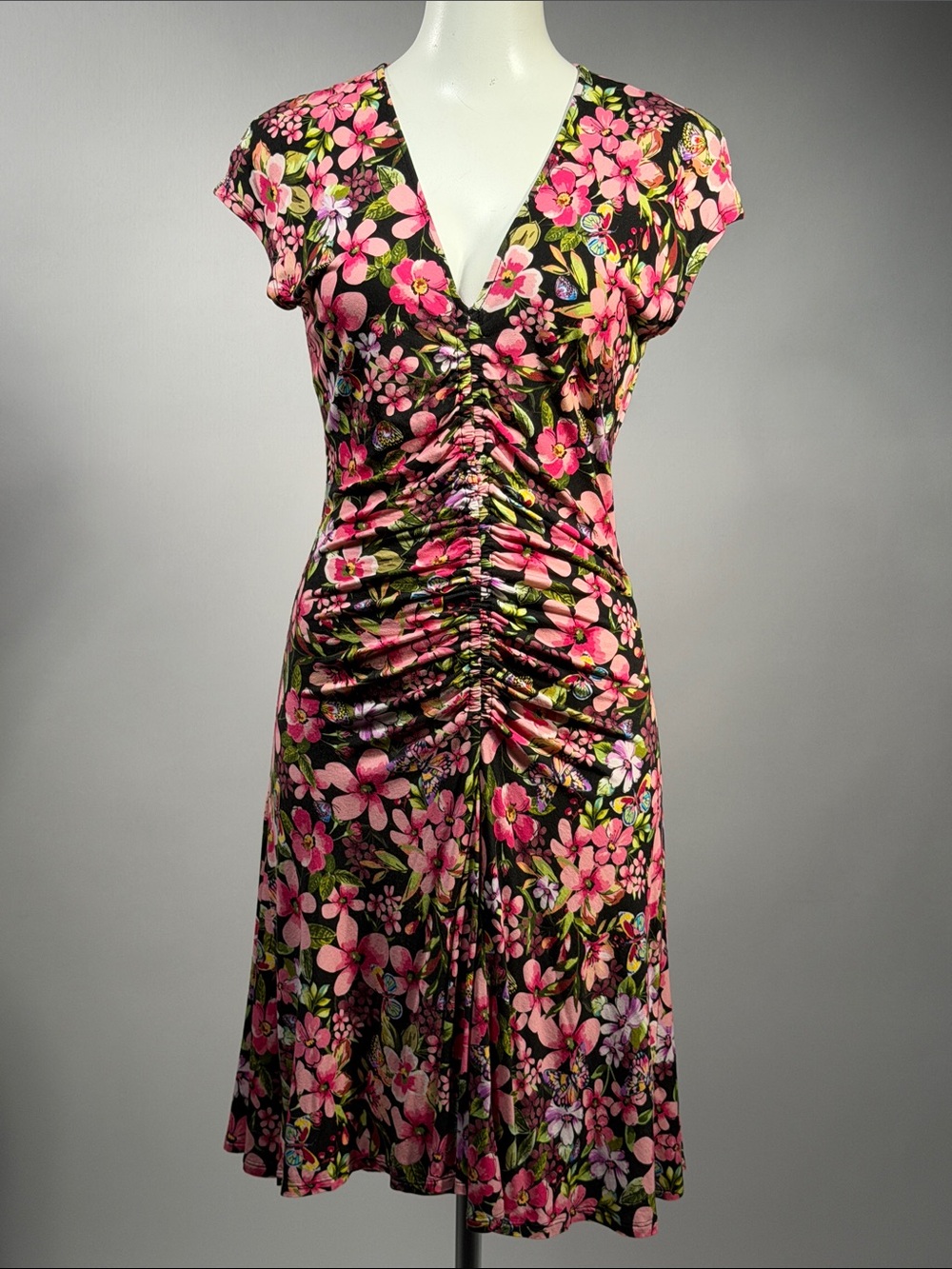 Hale Bob Pink Floral Ruched V-Neck Dress on Black (r8)